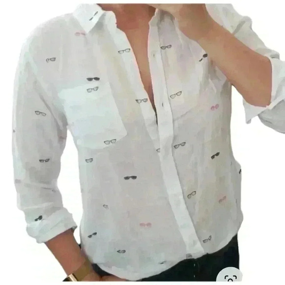 RAILS CHARLI SUNNIES GAUZ WHITE WITH SUNGLASSES BUTTON UP LONG SLEEVE TOP XS - Picture 1 of 12